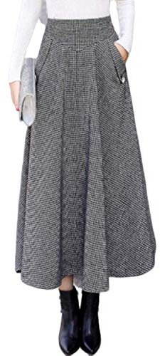 GL SUIT Pläd Ull Kjolar Hög midja A-linje Utsvängd Lång kjol Höst Vinter Veckad Varm Ull Retro Stor Swing Maxi Kjolar med Fickor, Svart andvitrutnät, XL