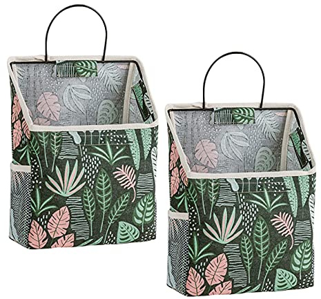 Qingsm 2 Pcs Wall-hanging Storage Bags,Desktop Organizer Basket Cotton Linen Hanging Storage Basket for Kitchen,Bderoom,Living Room-Plant