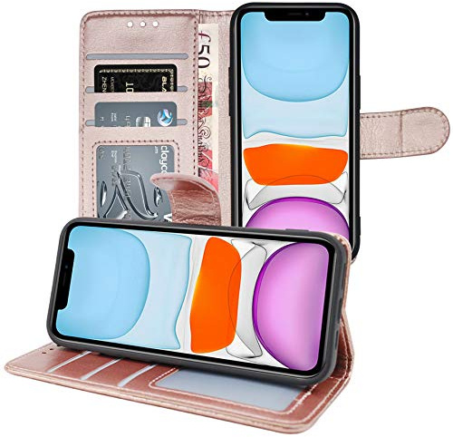 Gadget Giant Funda de piel tipo libro para iPhone 12 Mini 5,4 pulgadas, con ranura para tarjeta de identificación de fotos, color oro rosa