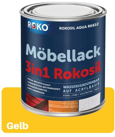 ROKO Möbellack - 0,7 Kg - Gelb - 3in1 Möbelfarbe auf Wasserbasis - Seidenmatt - Für Holz, Metall & Kunststoff