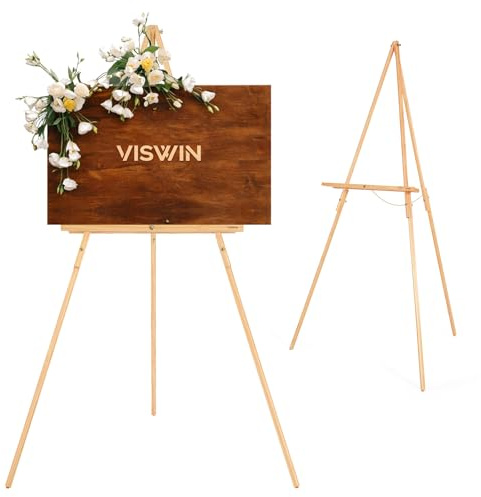 VISWIN 63 Easel Stand for Wedding Signs, Adjustable Wooden Display Easel with Holder, Tripod Floor Easel for Welcome Board, Poster, Picture, Photos, Paintings - Natural