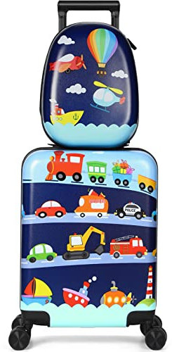 Weewooday Kinder Gepäckkoffer und Rucksack 18 Zoll Koffer mit Rollen Harte Schale Reise Gepäck 13 Zoll Rucksack Mädchen Gepäck Set für Kinder Reisekoffer Zubehör (Verschiedenes Fahrzeug Stil)