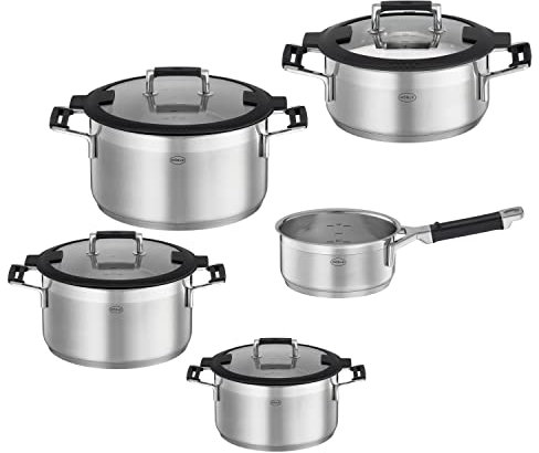 RÖSLE SILENCE PRO Topf-Set 5-tlg., Universaltopfset mit 3 Kochtöpfen, 1 Bratentopf und 1 Stielkasserolle, Edelstahl 18/10, Glasdeckel, Innenskalierung, induktions- und spülmaschinengeeignet