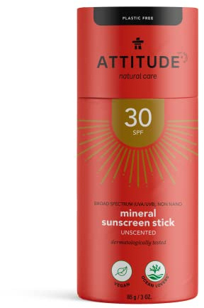 ATTITUDE Body Sunscreen Stick SPF 30, Broad Spectrum UVA and UVB, Plastic-Free Waterless, Plant and Mineral-Based Ingredients, Vegan Sun Care Products, Unscented, 85 grams