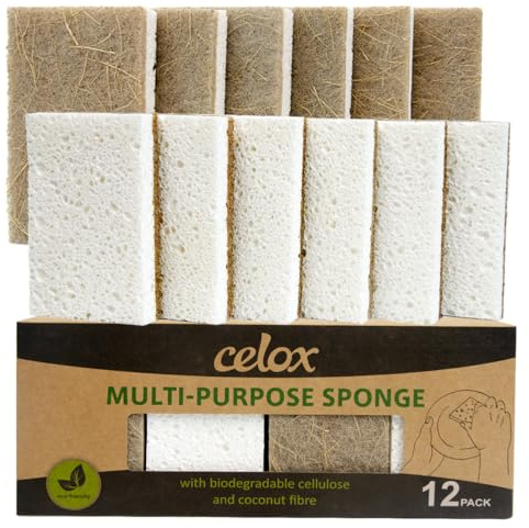 CELOX 12 Pack Coconut Fiber Biodegradable Sponges, Non Scratch Kitchen Cleaning Sponge, Eco-Friendly Dual-Sided Sponge for Dishwashing