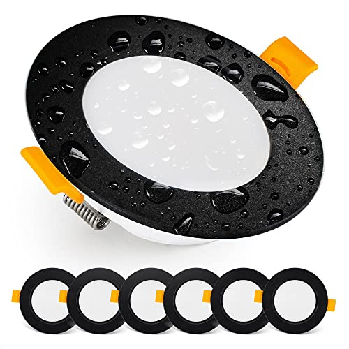 EMOS Exclusive Einbaustrahler LED Spots 230V, 5W, 500lm, 3000K Warmweiß | Set Mit 6 Downlight Spots Für Badezimmer, Wasserdicht IP54 | Einbaustrahler 230V, Rund Ø 95mm, Ultra Flach, Schwarz