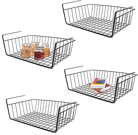 Sous-étagère panier de rangement, lot de 4 paniers suspendus en métal, panier de rangement suspendu sous le meuble, panier-organisateur en métal pour cuisine, bureau, garde-manger, salle de bain