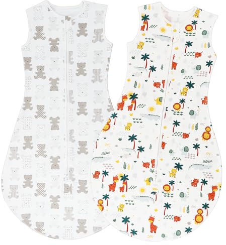 TOGOU2S Saco Dormir Bebe Verano, 2Pcs 0.5 Tog Saco de Dormir Bebe Unisex para Bebé Niños de 18 a 36 Meses, 100% Algodón Transpirable, Ajustable Saco Bebe 85 a 100 cm, Animales de Dibujos Animados
