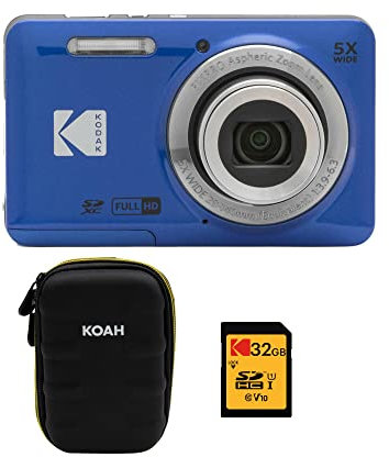 KODAK PIXPRO Friendly Zoom FZ55-BL 16MP Digital Camera with 5X Optical Zoom 28mm Wide Angle and 2.7 LCD Screen (Blue) Bundle with Protective Case, 32GB Memory Card (3 Items)