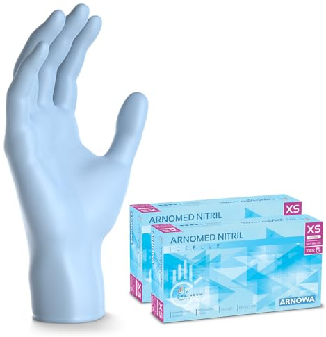 ARNOMED Guantes nitrilo talla XS, azul claro, guantes de nitrilo, 200 unidades (2 cajas), guantes nitrilo desechables sin polvo, guantes de goma sin látex, guantes nitrilo en tallas XS, S, M, L y XL