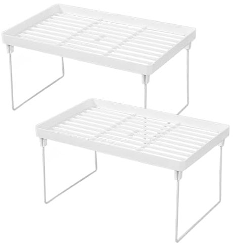 Fhioevt Set di 2 piccoli scaffali da scrivania, impilabili, in plastica, con gambe in metallo, portaspezie per ufficio, bagno, cucina, scaffali, scaffali, organizzazione mensola, colore bianco