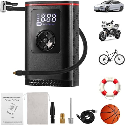 Hancaner Mini Compressore Aria Portatile, Compressore Aria Portatile Auto150PSI 7.4V 6000mAh con 4 Unità di Misurazione Della Pressione Display LCD per Auto, Bici, Moto, Scooter e Pallone.