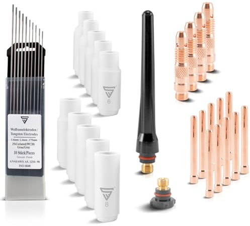 STAHLWERK WP-26 Premium WIG Verschleißteile-Set, 36-teiliges Schweißzubehör | Long-Life-Keramikdüsen, Schweißelektroden WC20 grau und Brennerkappen für WP | SR 17, 18, 26 WIG-Schweißbrenner
