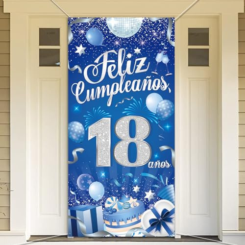 DPKOW Español Pancarta Feliz Cumpleaños 18 años Decoración Chico, Plata Azul Pancarta de Fondo de Cumpleaños 18 años Chico Interior Exterior Decoración, 185 * 90 cm