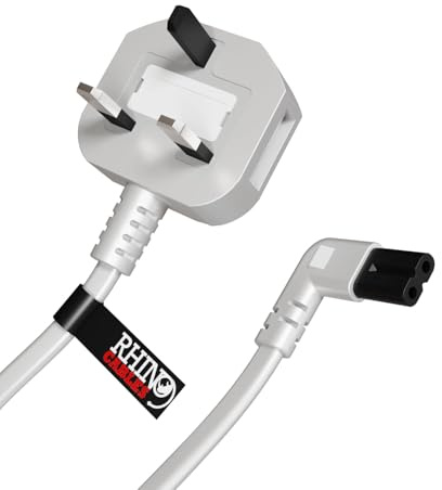 rhinocables Figure 8 Mains Right Angle End TV Power cable (3m, White) | Sleek Colour Variations: Available in classic Black and White colours, ensuring compatibility with your device and