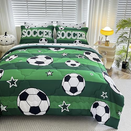 Gusuhome 7 Piece Boys Soccer Comforter Set Twin Size Bed in A Bag 3D Football Playground Sports Bedding Set for Kids Microfiber Comforter All Season Green