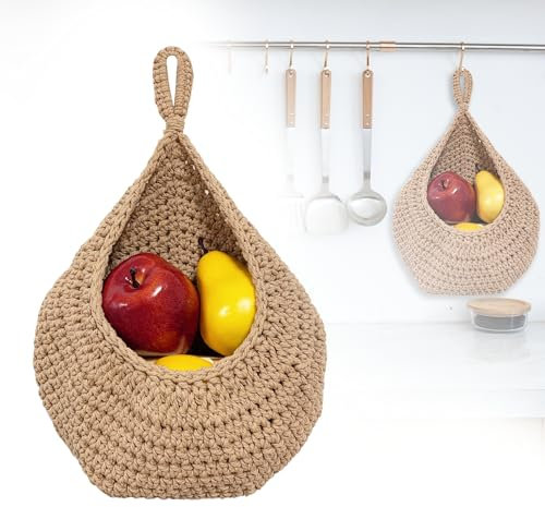 Obstkorb Hängend Geflochten, Groß Hängekorb Küche, Wandkorb Kann für Küche Deko, Wohnzimmer, Schlafzimmer zur Hängeaufbewahrung (Stil 1)
