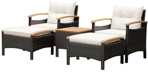 LIFEZEAL Rattan Gartenmöbel 5er Set, Gartensessel Terrassenstuhl Akazienholz mit Ottomane & Beistelltisch & Kissen, Lounge Set mit Armlehnen für 2-4 Personen (Cremeweiß + Natur)