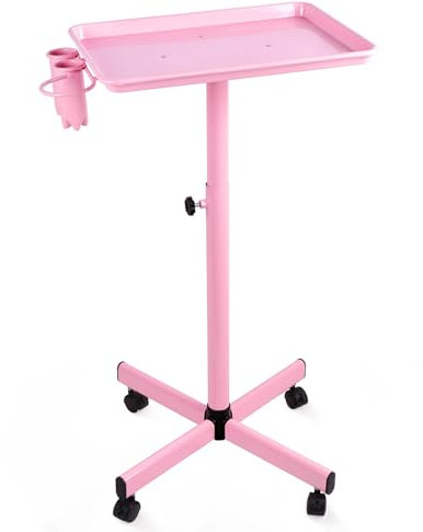 Kalolary Salon Trolleys Barber Trolley Verstellbare Höhe, Aluminiumwagen Beauty Trolley mit Scrollrad, Professioneller Schönheitssalon Tray Cart Tool Holder (Rosa)