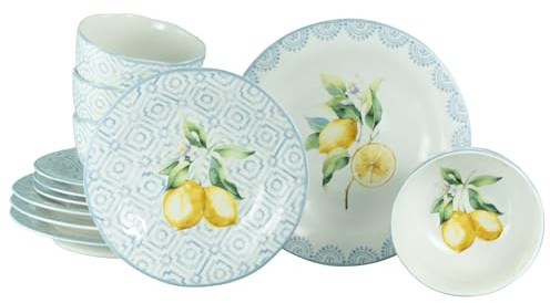 CreaTable, 21951, Serie Lemoncello, 12-teiliges Geschirrset für 4 Personen, Tafelservice aus Steinzeug, spülmaschinen- und mikrowellengeeignet, Qualitätsproduktion