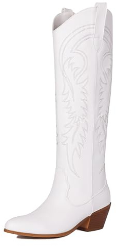 COOLCEPT Women Knee High Cowboy Boots Embroidered Chunky Stacked Heel Cowgirl Boots Pull on Western Boots White Size 39