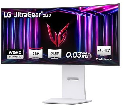 LG UltraGear OLED 34GS95QE Monitor Gaming 34, 21:9 Curvo (800R), WQHD (3440x1440), OLED, 240Hz, 0,03ms (GtG), G-Sync, FreeSync Premium Pro, HDR 400 True Black, HDMI 2.1, DisplayPort, Bianco
