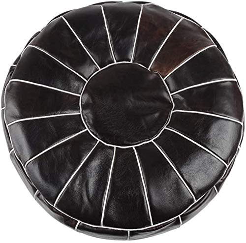 Fußhocker Leder Pouf Ottoman, Echtes Rindsleder Marokkanischer Pouf Großes Bodenkissen Handgefertigter Sitzsack Wohnzimmerdekor Aufbewahrung/Schwarz/58 * 58 * 30Cm (23 * 23 * 12Zoll)