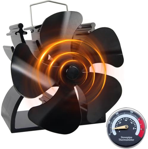HAWCAFU 4.9inches/12.5cm Mini Stove Fan Log Burner Fan, 5 Blades Small Woodburner Fan with Stove Thermometer Suitable for Small Space on Wood/Log Burner/Fireplace Top