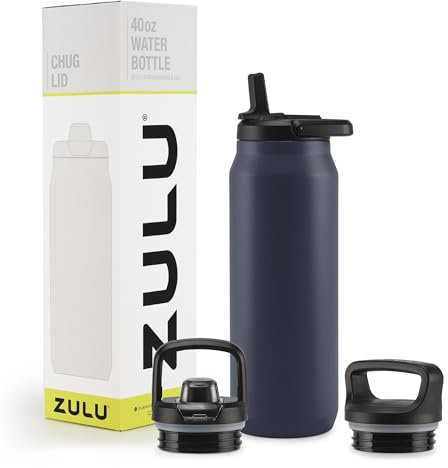ZULU Core 40oz Stainless Steel Water Bottle with 3 Lids- Straw, Chug, Twist | Double Walled and Vacuum Insulated Metal Thermos | For Gym, Outdoor | Built in Carry Loop, Dishwasher Safe, Navy