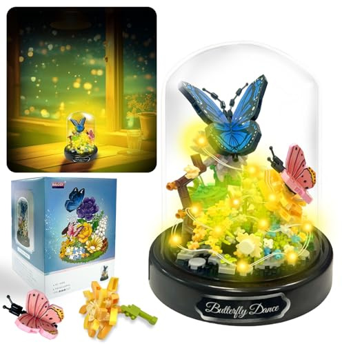 Felicify Set di Blocchi da Costruzione per Bouquet con Luce, 530 PCS Costruzione di Bouquet di Fiori con Copertura, Micro Blocchi Bouquet di Fiori, Decorazione Della Casa per Adulti (Farfalla)