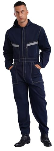 Rswnyirn Mono de trabajo de una pieza para hombre Demin con capucha, traje de pintor de algodón, ropa de trabajo para taller, uniforme de trabajo, azul, 165/M