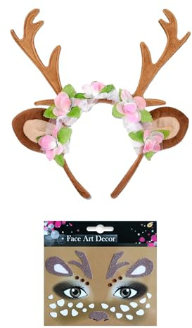 Lufdegim Reh Kostüm Damen Accessoires, Reh Haarreif Damen + Glitzer Rentier Gesicht Tattoos, Kostüm Reh Haarreif Geweih Haarreif Faschingskostüme Karneval Fasching Halloween Party Cosplay