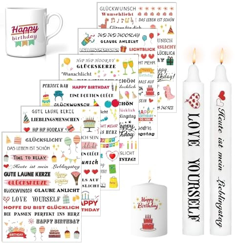 EOAMGO 6 PCS Kerzentattoos Wassertransferdruck, 200+ Muster Wasserschiebefolie Kerzentattoos Geburtstag, Rub on Sticker Geburtstag Kerzenfolie für Kerzen Dekorieren, Geburtstagsdeko, DIY Deko