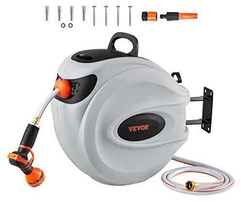 VEVOR Avvolgitubo Retrattile per Tubo da Giardino Avvolgitubo da Giardino Fissaggio da Parete Diametro 12 mm con Ugello a 9 Modelli, Sistema di Ritorno Riavvolgimento Staffa Girevole a 180°
