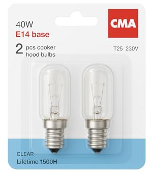 CMA INTERNATIONAL 2 x 40W 240V Cooker Hood Light Bulbs 2700K-[E14 Replacement Universal Small Screw Cap]-T25 for Residential and Commercial Kitchen Lighting-Pack of 2