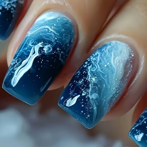 Shimmerz 24 Pieces Square Press On Nails Medium Blue Ombre Glitter Design Thick Shiny Artificial Nails