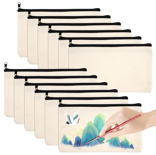 12 Stück DIY Blanko Stoffbeutel mit Reißverschluss, 21x12cm Mäppchen zum Bemalen, Mini Kosmetiktasche zum Bemalen, DIY Federmäppchen, Leinwand Täschchen, für Reisen, Schreibwaren, Bastelarbeiten