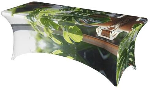 FBGHHTY Monstera Deliciosa - Mantel rectangular elástico con estampado de palmera de plátano para mesas rectangulares grandes, fácil instalación