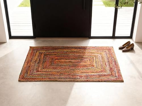 Craft Trade Bunt Waschbarer Boho Jute Teppich Reversibel Geflochten Handgewebt Rechteckig Flickenteppich für Küche Wohnzimmer und Schlafzimmer- 90 x 150 cm | Bunter böhmischer Veranda-Teppich aus Baumwolle, Boho, Bauernhaus, wendbarer Teppich für Wohnzimmer, Schlafzimmer