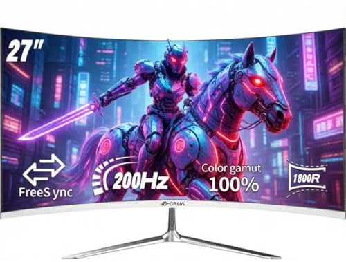 CRUA 27'' Curved Gaming-Monitor, FHD 1080p, 200 Hz, 1 ms GTG, 1800R Krümmung, FreeSync, geringe Bewegungsunschärfe, Augenschutz, VESA-Halterung, HDMI & DP, Weiß