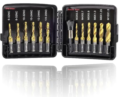 Fangxuee Juego de Machos de Roscar con Adaptador de Cambio Rápido de 13 Piezas, 6 Tamaños SAE, 6 Tamaños Métricos, Juego Combinado de Broca y Macho de Roscar