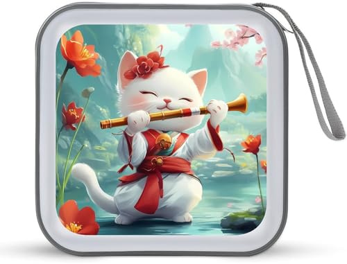 Divertente custodia per CD con gatto che suona flauto musicista, portatile, capacità 40 DVD, organizer per viaggi in auto