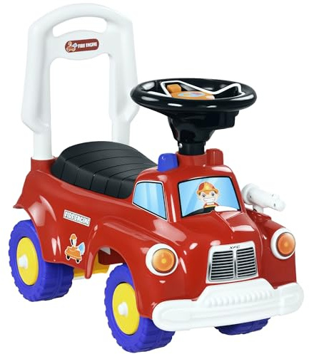 AIYAPLAY Coche Correpasillos para Niños de 18-36 Meses, Diseño de Camión de Bomberos, Correpasillos con 3 Luces, Música, Compartimento de Almacenaje y Volante, 49x24x42 cm, Rojo