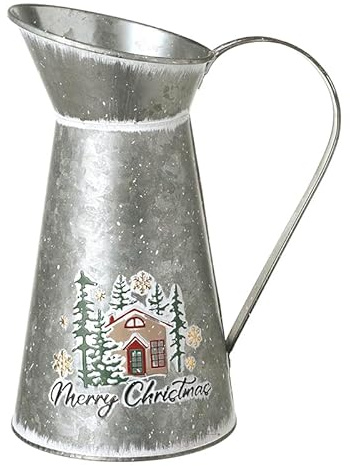 Heaven Sends Jarra de metal con diseño de casa de Navidad, jarra rústica galvanizada con asa, jarrón decorativo para flores festivas, exhibiciones de mesa y decoración navideña del hogar, 1850 ml