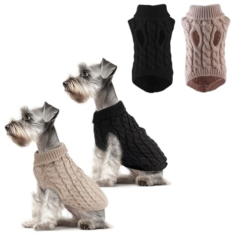 GWAWG 2 st hundtröjor stickad polokrage, varm vinter tax jumper söt, kläder valp twist randig väst hundkläder, husdjur polokrage stickad tröja (khaki och svart)
