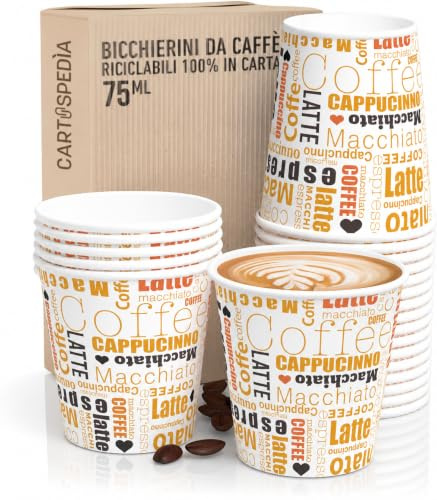 CARTOSPEDÌA – 1000 Bicchierini Caffè Carta, 75 ml, Bicchieri Caffe Monouso Biodegradabili per Espresso, Accessori Caffe indispensabili, Espresso Cup Made in Italy 100%, Colorati