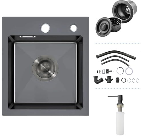 iAnomla Évier 40x40 Noir Inox, 1 Bac, 2 Trous, Encastré, Siphon, Cuisine, 1 | Acier Inox, Encastrable, 2 Trous pour Robinet, Trop-Plein, Siphon, Distributeur de Savon, Petit Évier, 1 Bac, 40x40, Cuisine