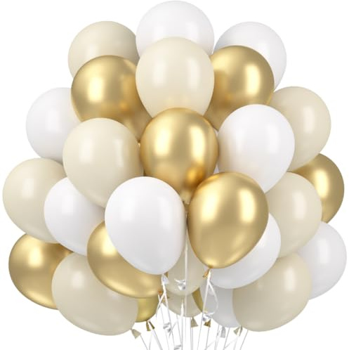 Luftballons Gold Weiß, 60 Stück Luftballons Gold Weiss Beige, Weiß Goldene Luftballon Hochzeit, Sandweiß Metallic Gold Latex Ballons Girlande für Geburtstag Babyparty Party Dekorationen