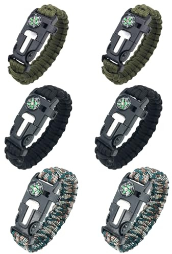 LIULINK 6 Stück Survival Armband, 5 in 1 Paracord Armband, 25 * 2cm Überlebensarmband mit Flint Fire Starter, Schaber, Kompass, Pfeife und Fallschirmseil Schnalle für Wandern Camping Bushcraft