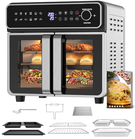 EMPHSISM Friteuse sans Huile 23L XXL Mini Four avec Portes Françaises, Air Fryer 2400W Dual Zone avec Bouton Rotatif & Tactile, Sync Finish, 15 Programmes, Livre de Recettes & 13 Accessoires